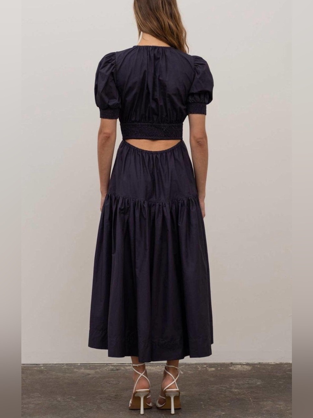 Moon River Gathered Shirred Midi Dress Navy XXS Cut Out Back